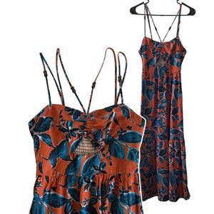 Jason Wu Terracotta and Teal Floral Linen Blend Boho Tropical Midi Dress Small